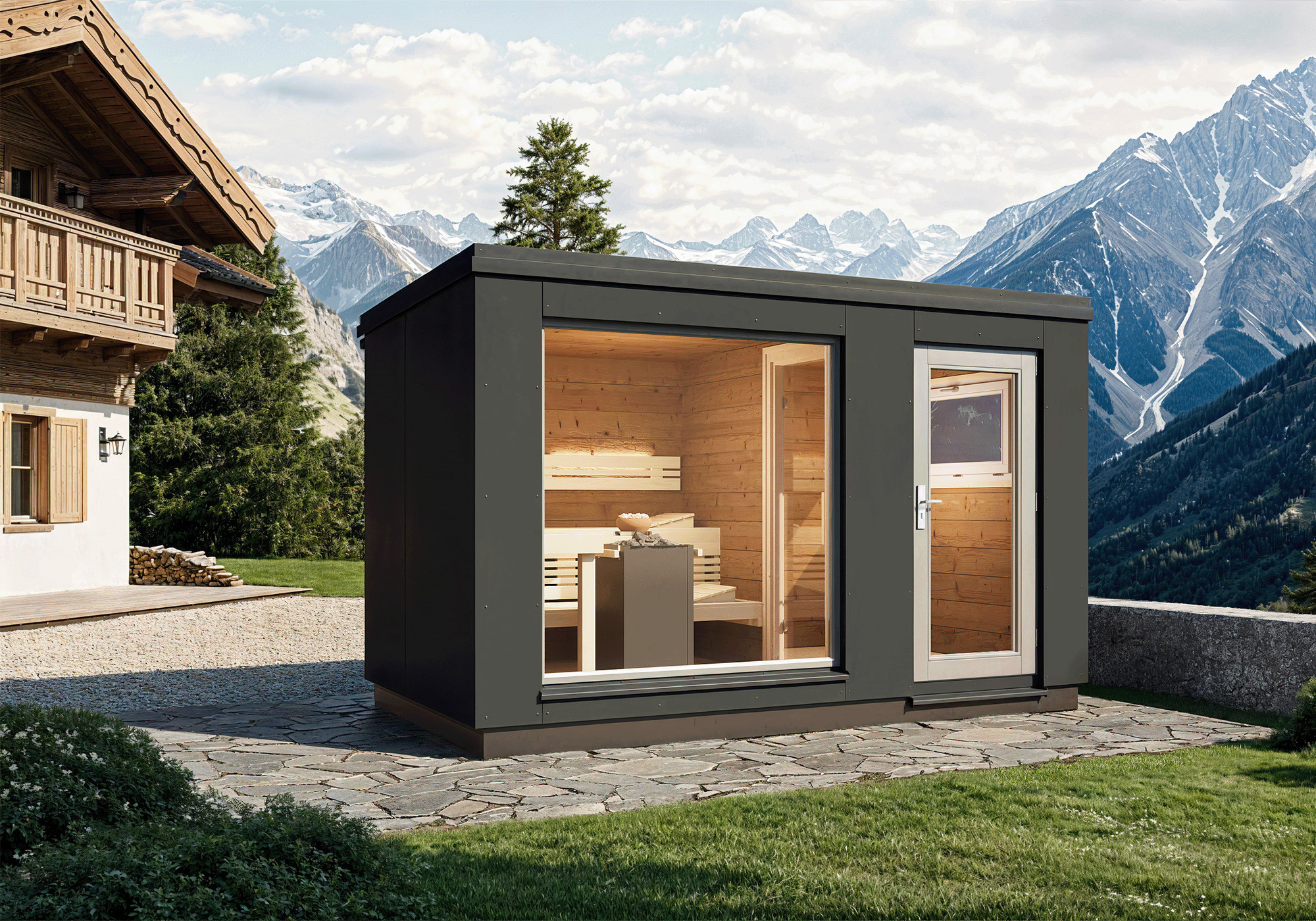 Infraworld Gartensauna Luna 2D Thermofichte innen, außen HPL-Platten