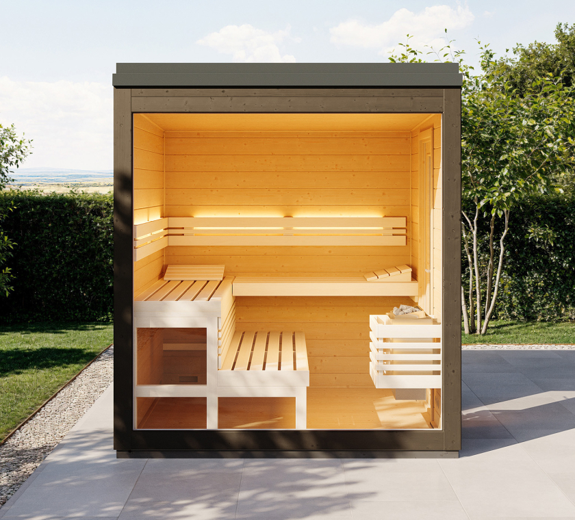 Frontalansicht Infraworld Gartensauna Casa 1 färbig gestrichen