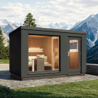 Gartensauna Luna 2D mit HPL-Platten aussen und Thermoholz innen vertikal verarbeitet