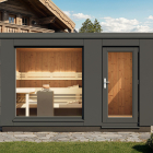 Frontalansicht Gartensauna Luna 2D mit HPL-Platten aussen und Thermoholz vertikal innen