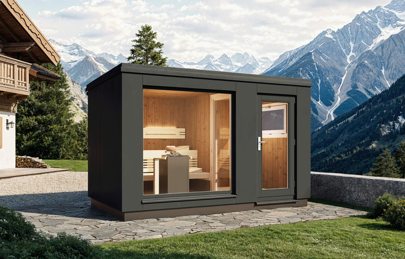 Gartensauna Luna 2D mit HPL-Platten aussen und Thermoholz innen vertikal verarbeitet