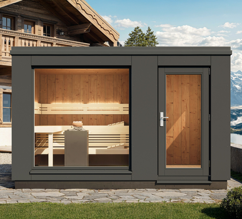 Frontalansicht Gartensauna Luna 2D mit HPL-Platten aussen und Thermoholz vertikal innen